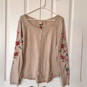 Sundance Khaki Beige Floral Embellished Blouse 100% Cotton